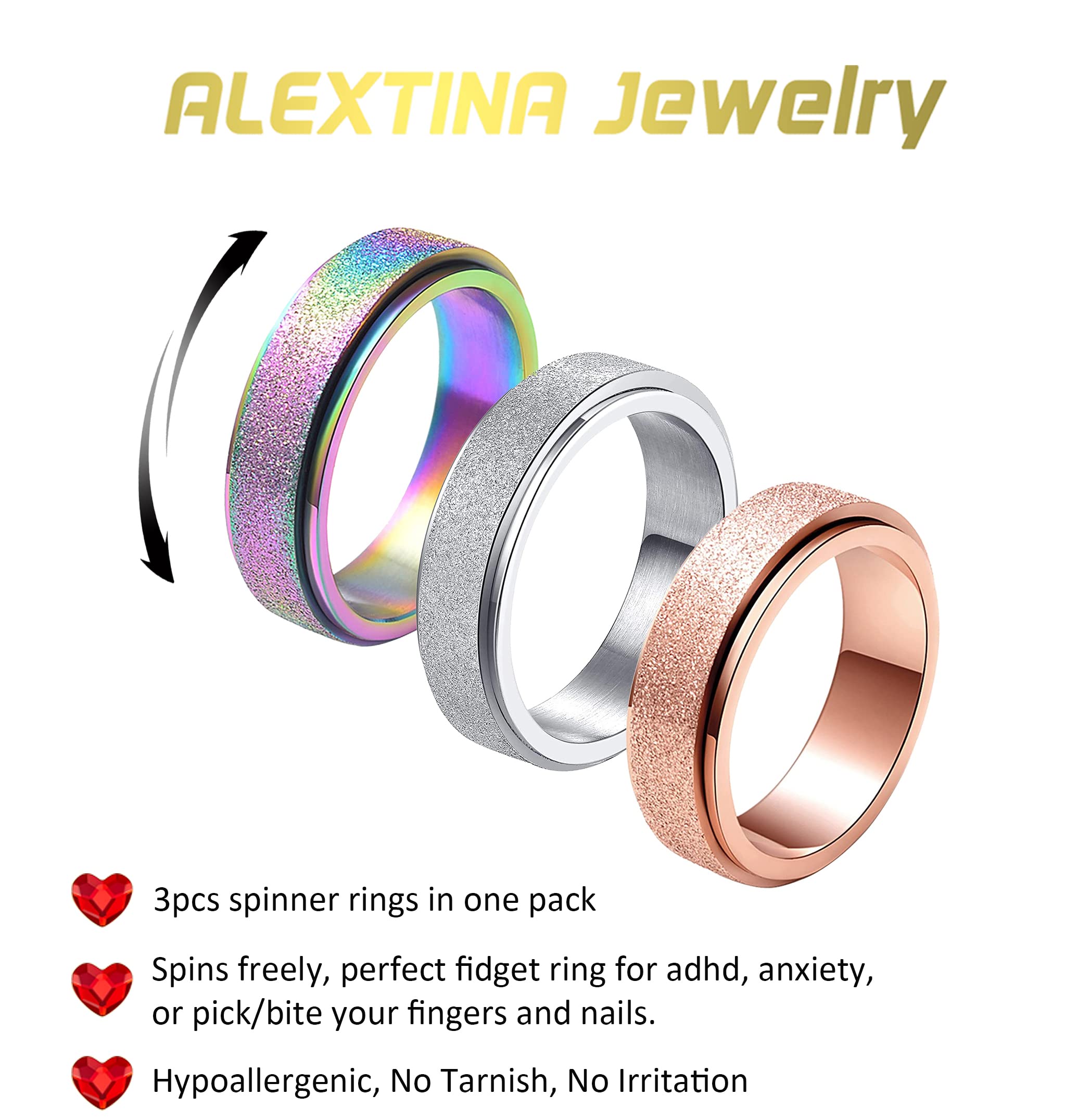 ALEXTINA Anxiety Spinner Ring for Women and Men – 6mm/8mm Stainless Steel Fidget Ring in Silver, Rose Gold, Rainbow Sandblast, Glitter