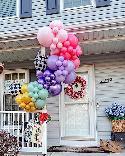 Alice in Wonderland Balloon Garland Arch Kit – 163pc Purple Pink Rainbow & Chessboard Foil Balloons for Onederland Birthday and Tea Party Decor