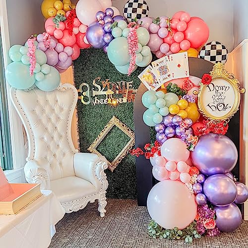 Alice in Wonderland Balloon Garland Arch Kit – 163pc Purple Pink Rainbow & Chessboard Foil Balloons for Onederland Birthday and Tea Party Decor