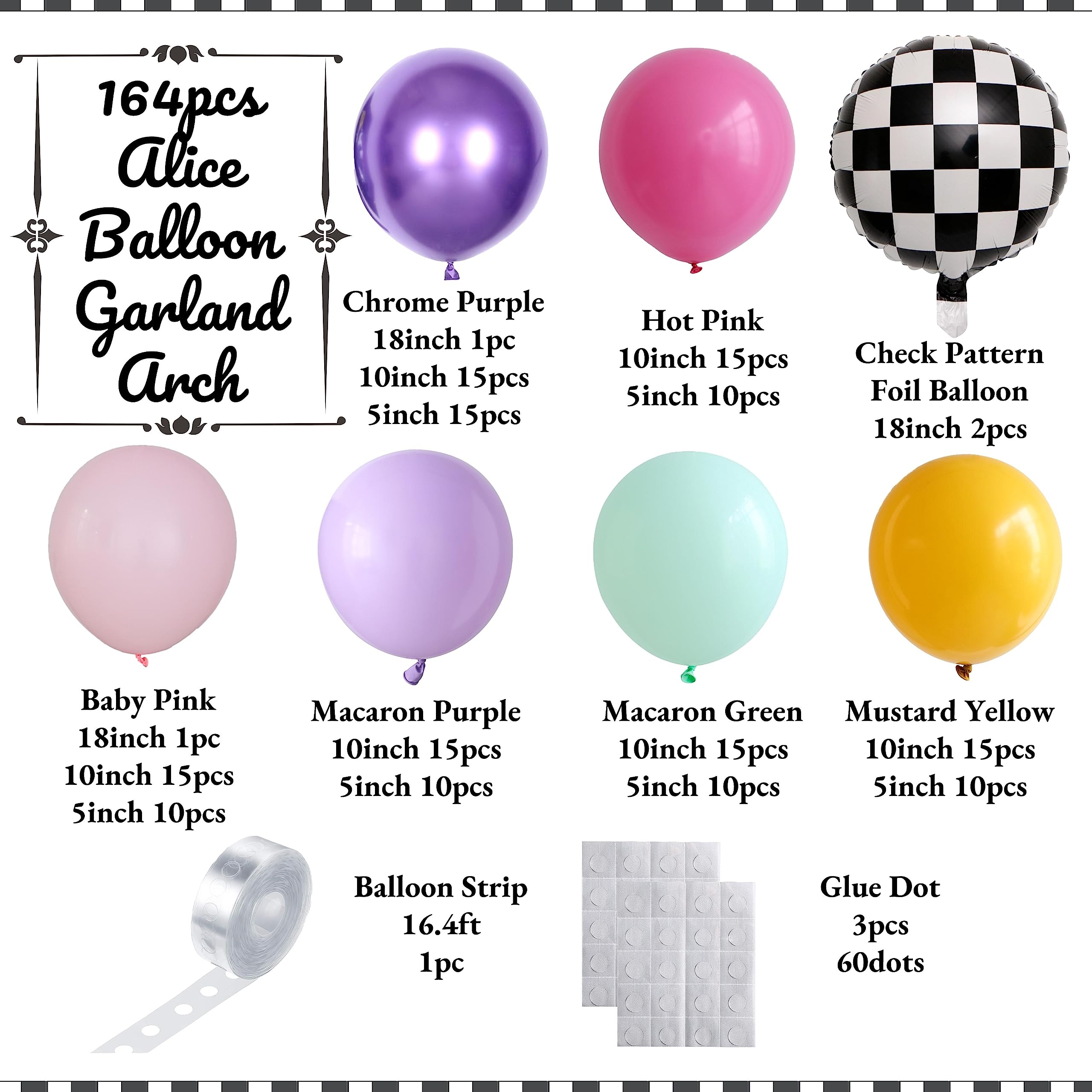 Alice in Wonderland Balloon Garland Arch Kit – 163pc Purple Pink Rainbow & Chessboard Foil Balloons for Onederland Birthday and Tea Party Decor