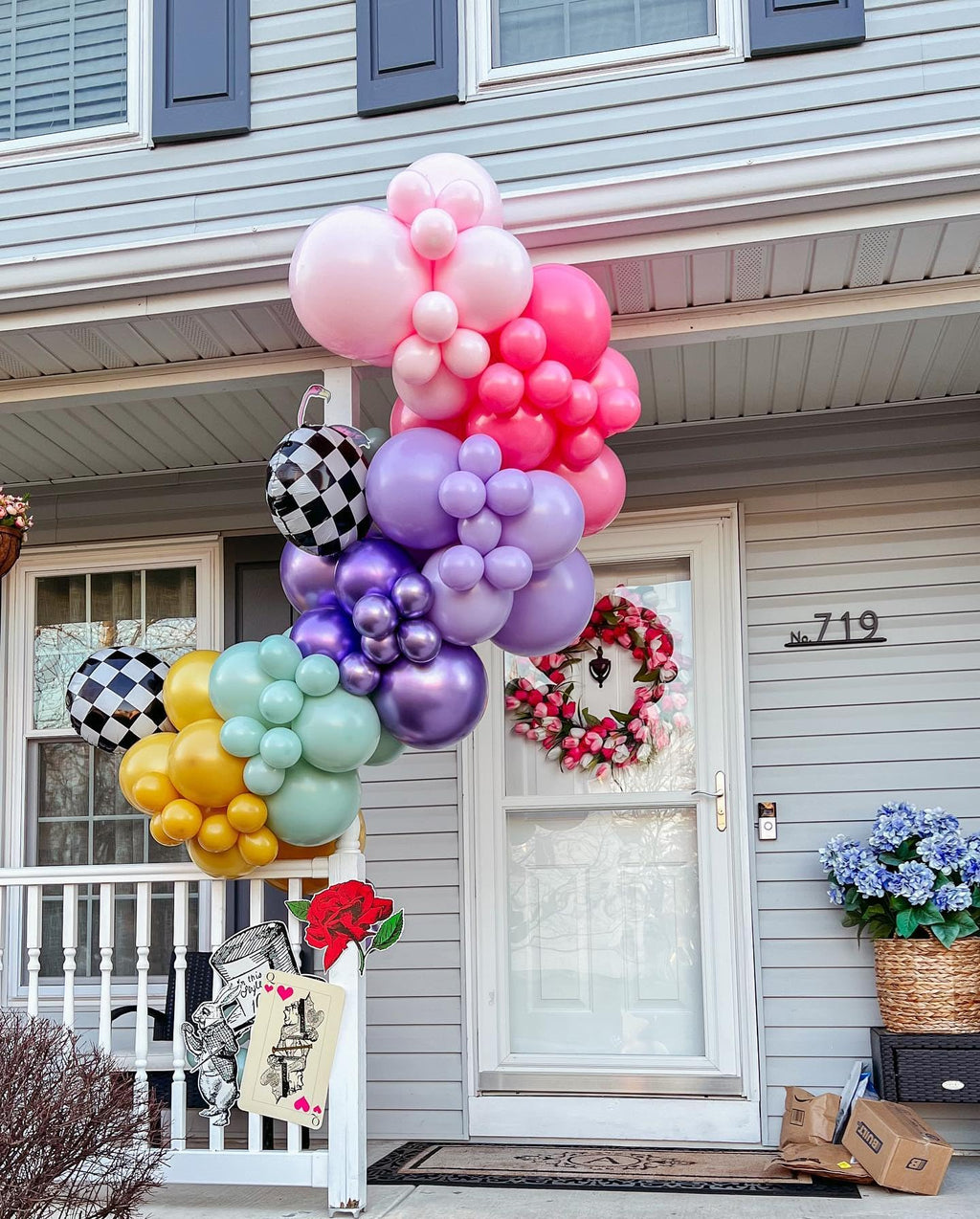 Alice in Wonderland Balloon Garland Arch Kit – 163pc Purple Pink Rainbow & Chessboard Foil Balloons for Onederland Birthday and Tea Party Decor