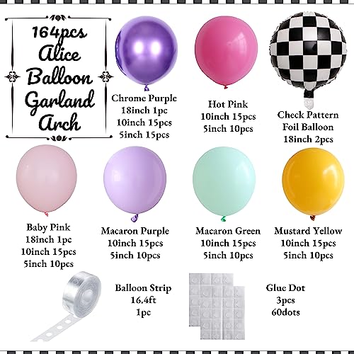 Alice in Wonderland Balloon Garland Arch Kit – 163pc Purple Pink Rainbow & Chessboard Foil Balloons for Onederland Birthday and Tea Party Decor