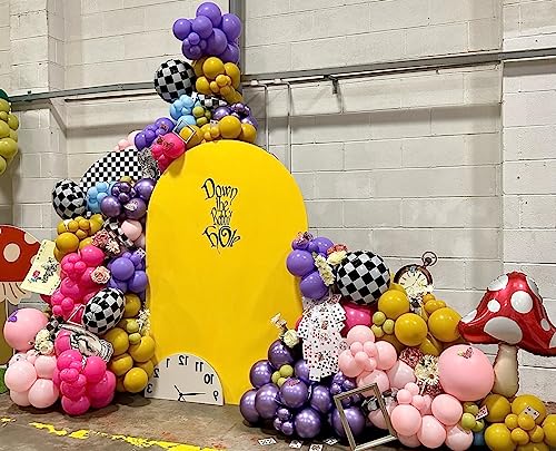 Alice in Wonderland Balloon Garland Arch Kit – 163pc Purple Pink Rainbow & Chessboard Foil Balloons for Onederland Birthday and Tea Party Decor
