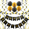 ALLFUN Black and Gold Birthday Party Decorations – Happy Birthday Banner, Honeycomb Balls, Garland & Swirls Set