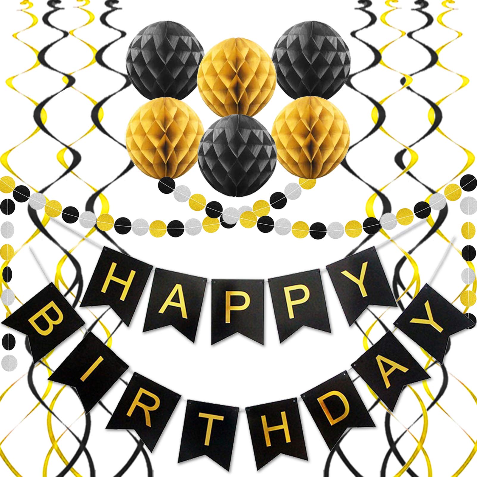ALLFUN Black and Gold Birthday Party Decorations – Happy Birthday Banner, Honeycomb Balls, Garland & Swirls Set