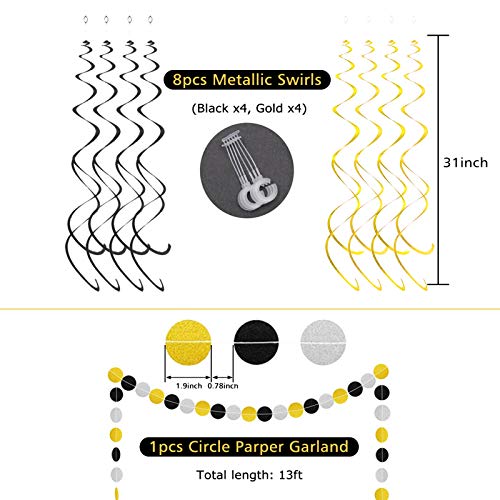 ALLFUN Black and Gold Birthday Party Decorations – Happy Birthday Banner, Honeycomb Balls, Garland & Swirls Set