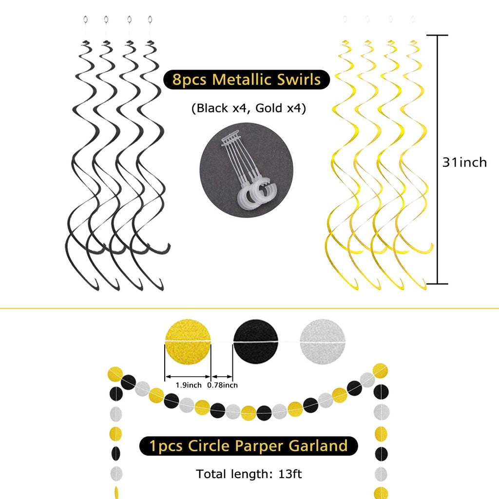 ALLFUN Black and Gold Birthday Party Decorations – Happy Birthday Banner, Honeycomb Balls, Garland & Swirls Set