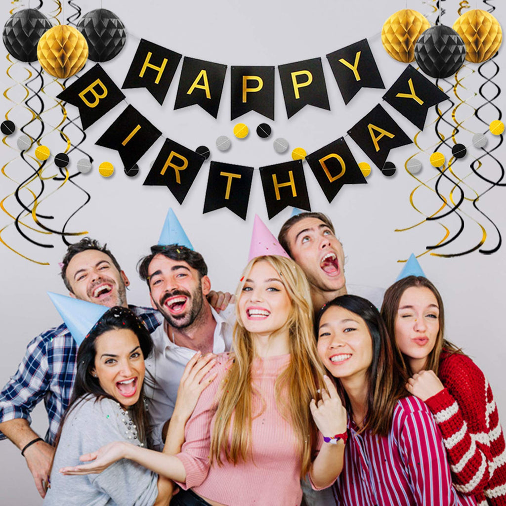 ALLFUN Black and Gold Birthday Party Decorations – Happy Birthday Banner, Honeycomb Balls, Garland & Swirls Set