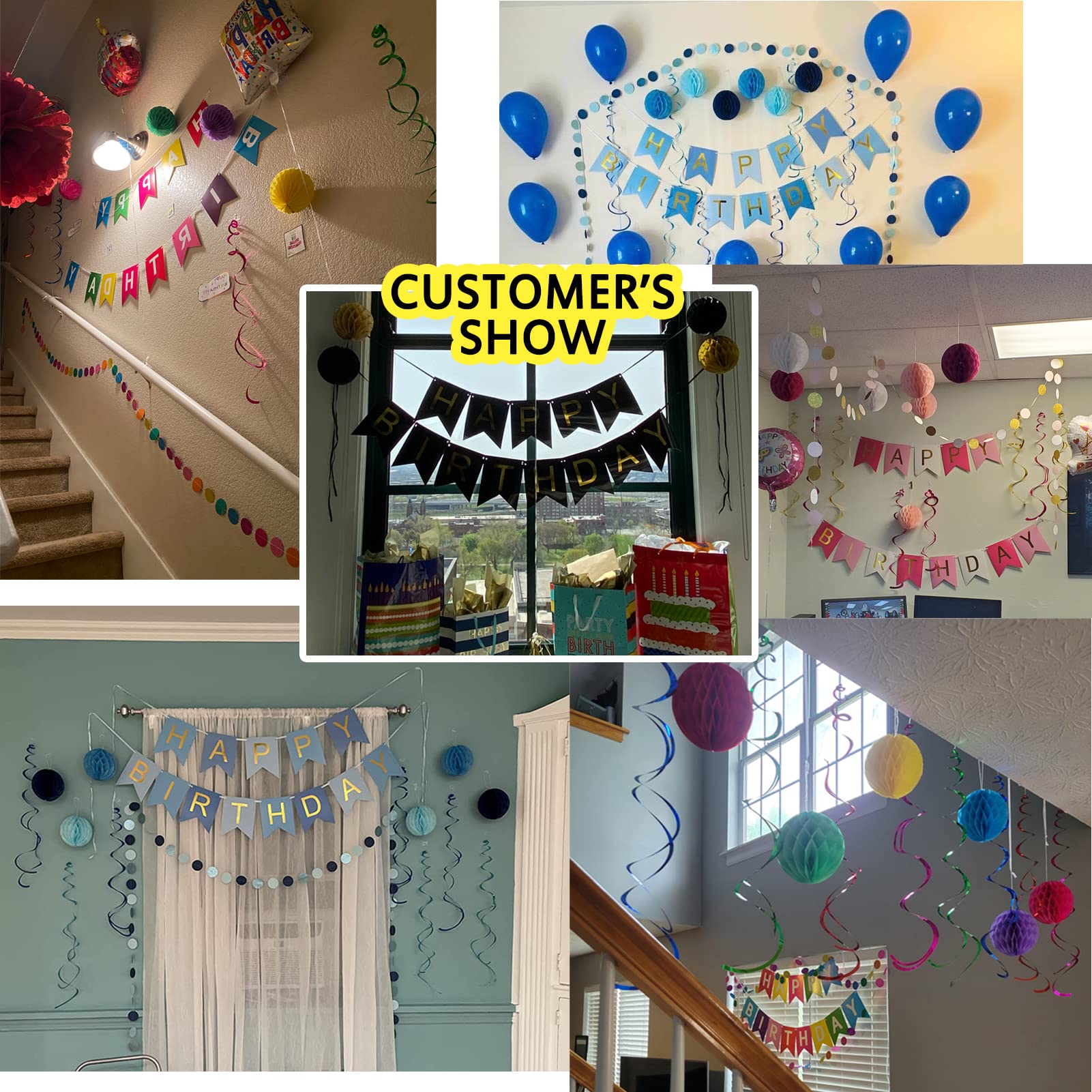 ALLFUN Black and Gold Birthday Party Decorations – Happy Birthday Banner, Honeycomb Balls, Garland & Swirls Set