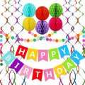 ALLFUN Rainbow Birthday Banner Set with Honeycomb Balls, Metallic Swirls, and Circle Garland