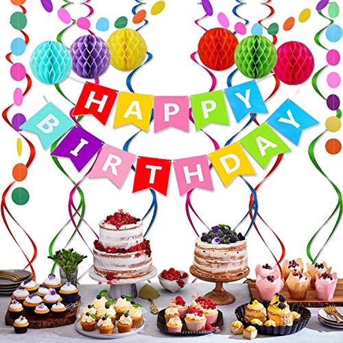 ALLFUN Rainbow Birthday Banner Set with Honeycomb Balls, Metallic Swirls, and Circle Garland