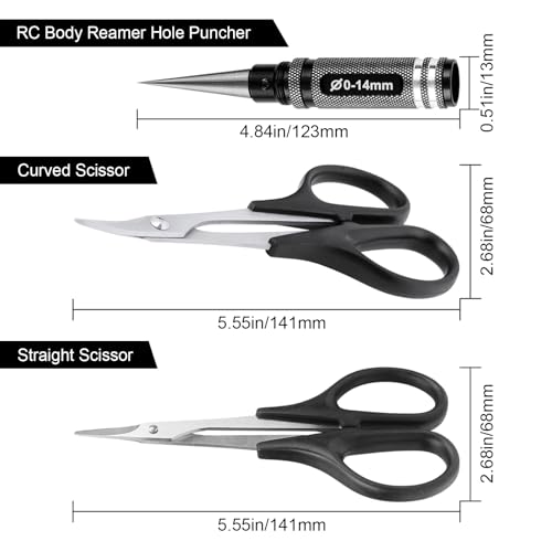 AllinRC RC Body Reamer Hole Puncher Combo Set – 0-14mm Adjustable Reamer, Straight & Curved Scissors (Black)
