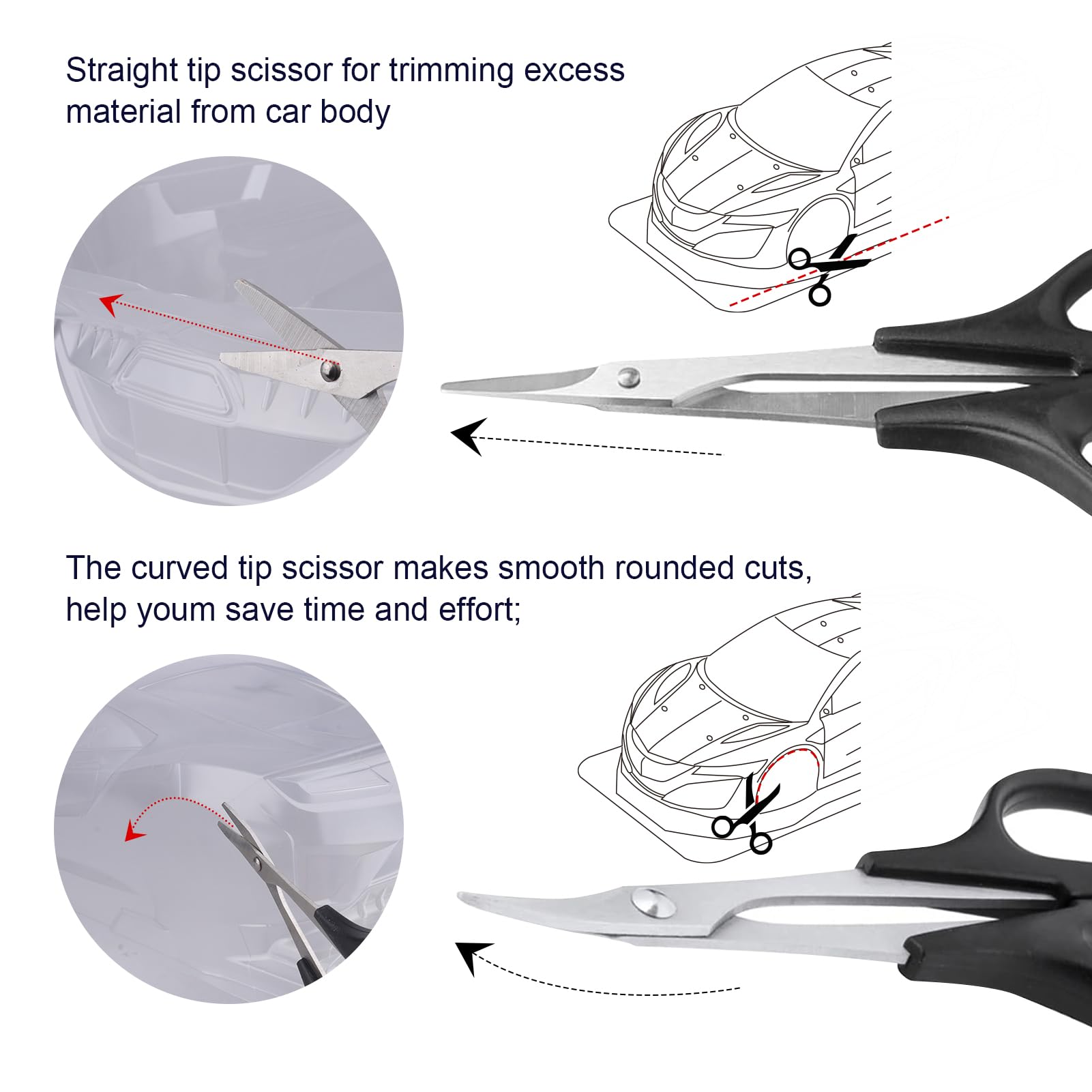 AllinRC RC Body Reamer Hole Puncher Combo Set – 0-14mm Adjustable Reamer, Straight & Curved Scissors (Black)