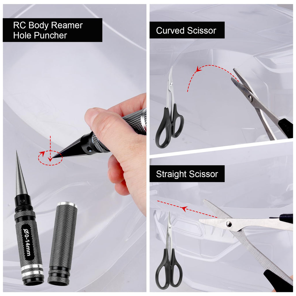 AllinRC RC Body Reamer Hole Puncher Combo Set – 0-14mm Adjustable Reamer, Straight & Curved Scissors (Black)
