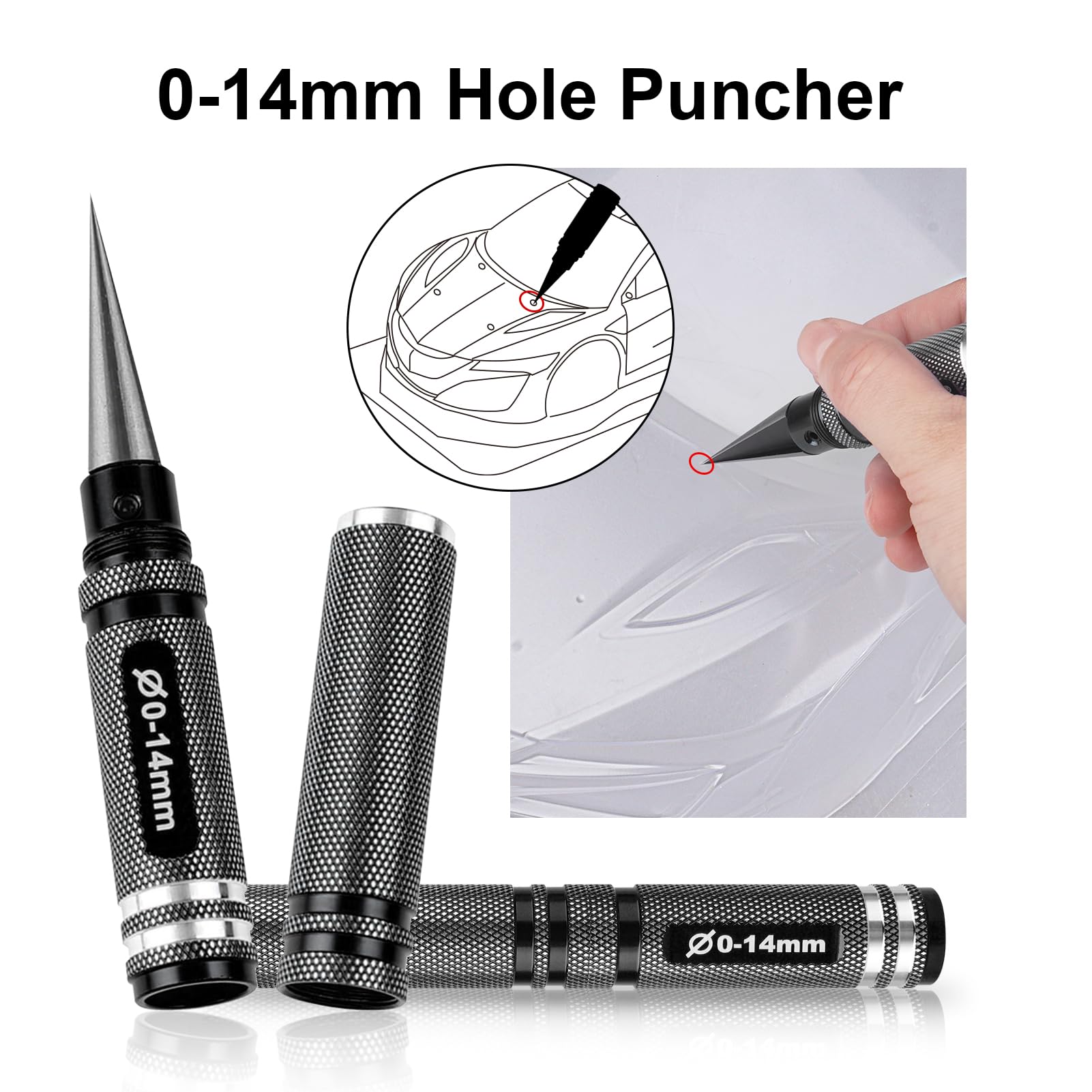 AllinRC RC Body Reamer Hole Puncher Combo Set – 0-14mm Adjustable Reamer, Straight & Curved Scissors (Black)