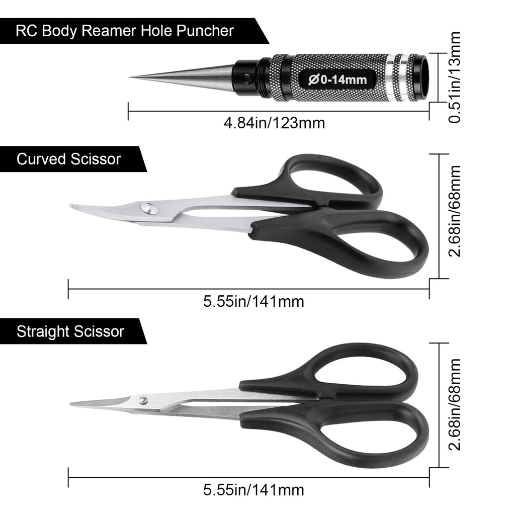 AllinRC RC Body Reamer Hole Puncher Combo Set – 0-14mm Adjustable Reamer, Straight & Curved Scissors (Black)