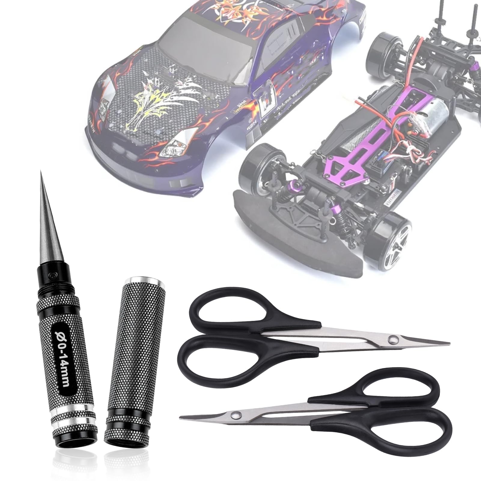 AllinRC RC Body Reamer Hole Puncher Combo Set – 0-14mm Adjustable Reamer, Straight & Curved Scissors (Black)