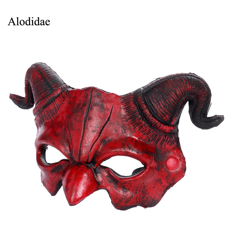 Alodidae Demon Half Face Mask – Realistic Red Devil with Horns for Halloween