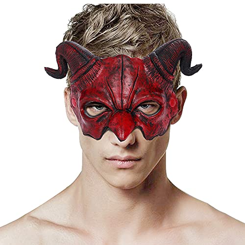 Alodidae Demon Half Face Mask – Realistic Red Devil with Horns for Halloween