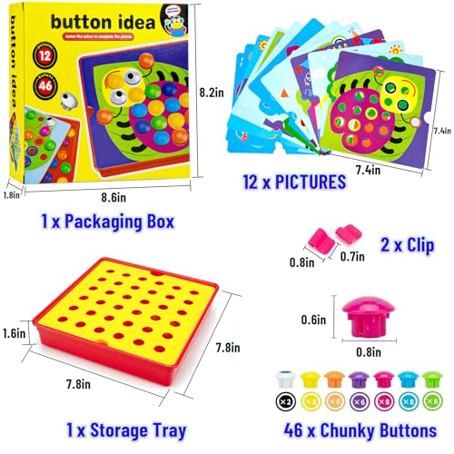AluAbi Button Art Toys for Toddlers - Color Matching Mosaic Pegboard with 46 Buttons and 12 Pictures - Fine Motor Skills STEM Toy for Ages 3+