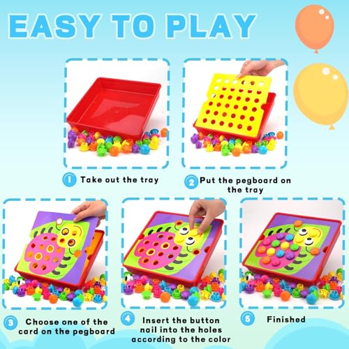 AluAbi Button Art Toys for Toddlers - Color Matching Mosaic Pegboard with 46 Buttons and 12 Pictures - Fine Motor Skills STEM Toy for Ages 3+