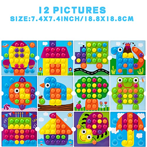 AluAbi Button Art Toys for Toddlers - Color Matching Mosaic Pegboard with 46 Buttons and 12 Pictures - Fine Motor Skills STEM Toy for Ages 3+