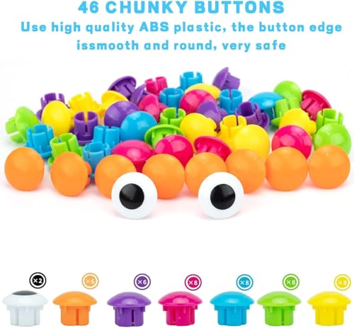 AluAbi Button Art Toys for Toddlers - Color Matching Mosaic Pegboard with 46 Buttons and 12 Pictures - Fine Motor Skills STEM Toy for Ages 3+