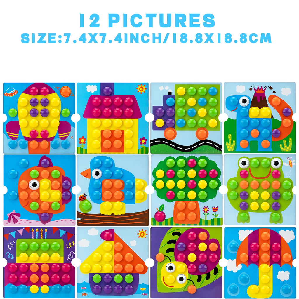 AluAbi Button Art Toys for Toddlers - Color Matching Mosaic Pegboard with 46 Buttons and 12 Pictures - Fine Motor Skills STEM Toy for Ages 3+