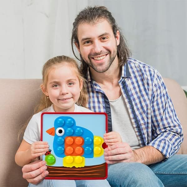 AluAbi Button Art Toys for Toddlers - Color Matching Mosaic Pegboard with 46 Buttons and 12 Pictures - Fine Motor Skills STEM Toy for Ages 3+