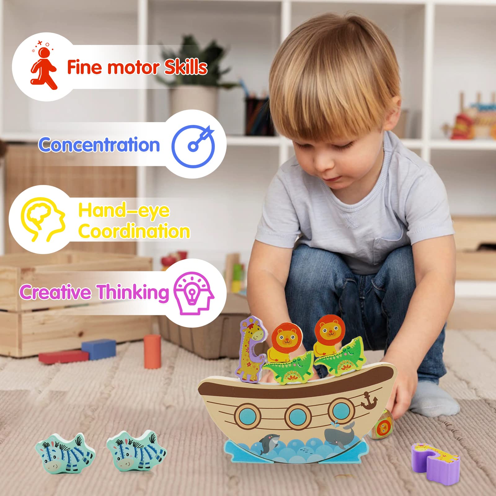 AluAbi Noah's Ark Wooden Balance Stacking Toy – Family Board Game for Kids & Adults
