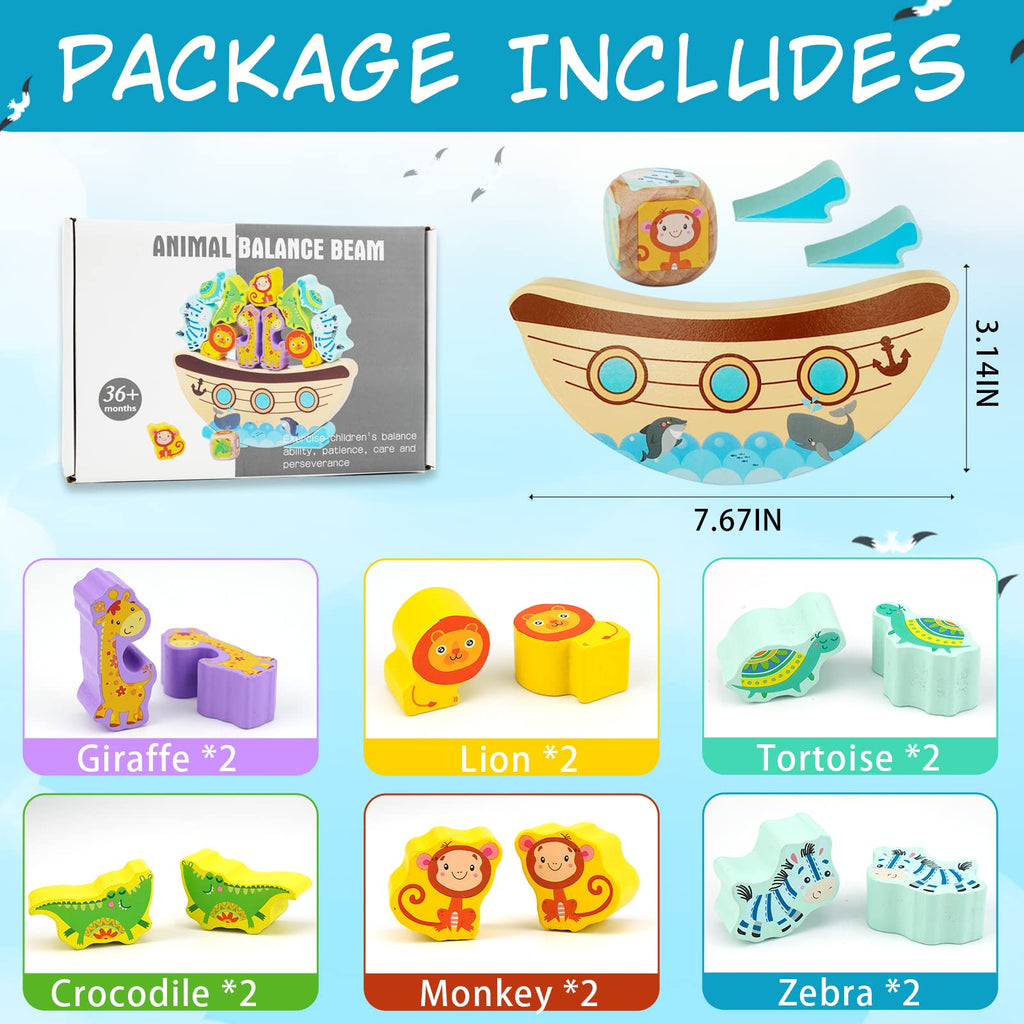AluAbi Noah's Ark Wooden Balance Stacking Toy – Family Board Game for Kids & Adults
