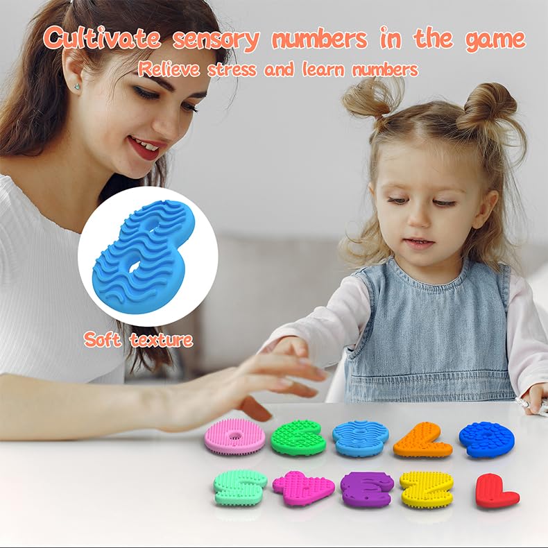 Alxjejo 10-Pack Silicone Number Stones with Keychains – Sensory Fidget Toys for Toddlers, Montessori Math Learning, Quiet ADHD Autism Travel Essentials