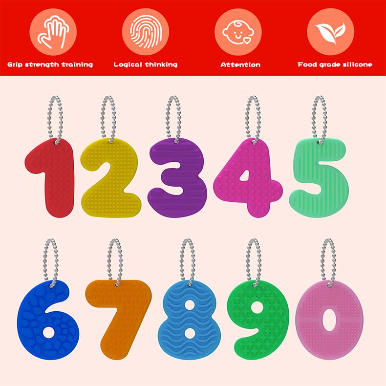 Alxjejo 10-Pack Silicone Number Stones with Keychains – Sensory Fidget Toys for Toddlers, Montessori Math Learning, Quiet ADHD Autism Travel Essentials