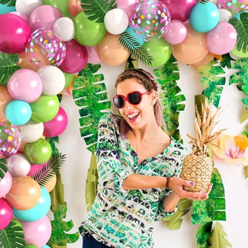Amandir 151-Piece Tropical Balloon Arch Kit – Green, Pink, Confetti Latex & Palm Leaves