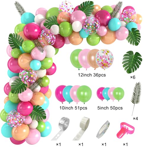 Amandir 151-Piece Tropical Balloon Arch Kit – Green, Pink, Confetti Latex & Palm Leaves