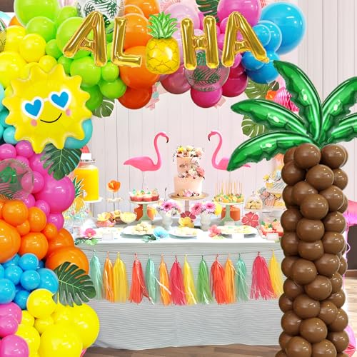 Amandir 160-Piece Hawaiian Luau Balloon Arch Kit with Aloha Foil Balloons, Pineapple, Palm Tree - Tropical Summer Party Decorations