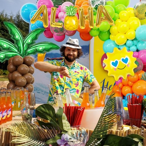 Amandir 160-Piece Hawaiian Luau Balloon Arch Kit with Aloha Foil Balloons, Pineapple, Palm Tree - Tropical Summer Party Decorations