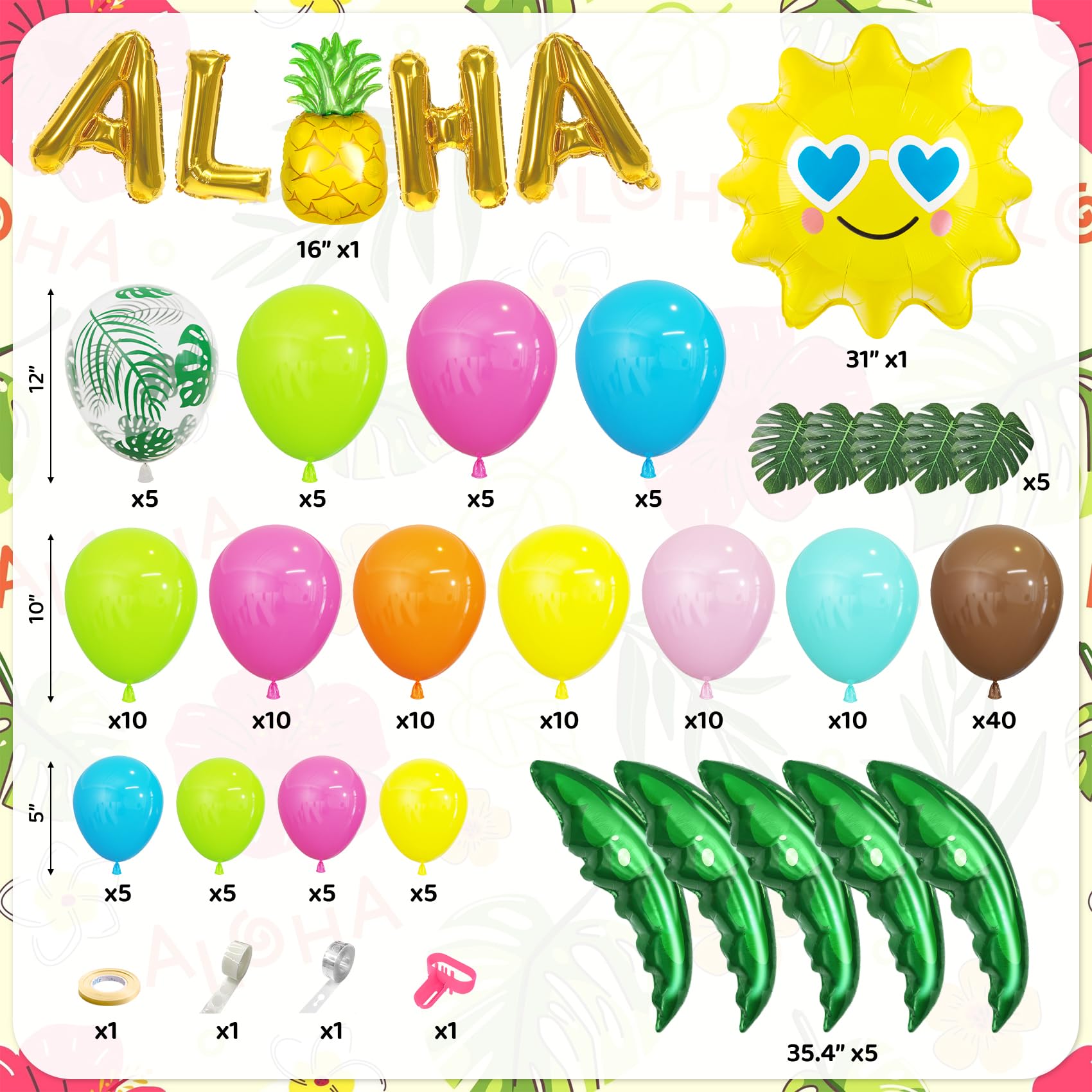 Amandir 160-Piece Hawaiian Luau Balloon Arch Kit with Aloha Foil Balloons, Pineapple, Palm Tree - Tropical Summer Party Decorations