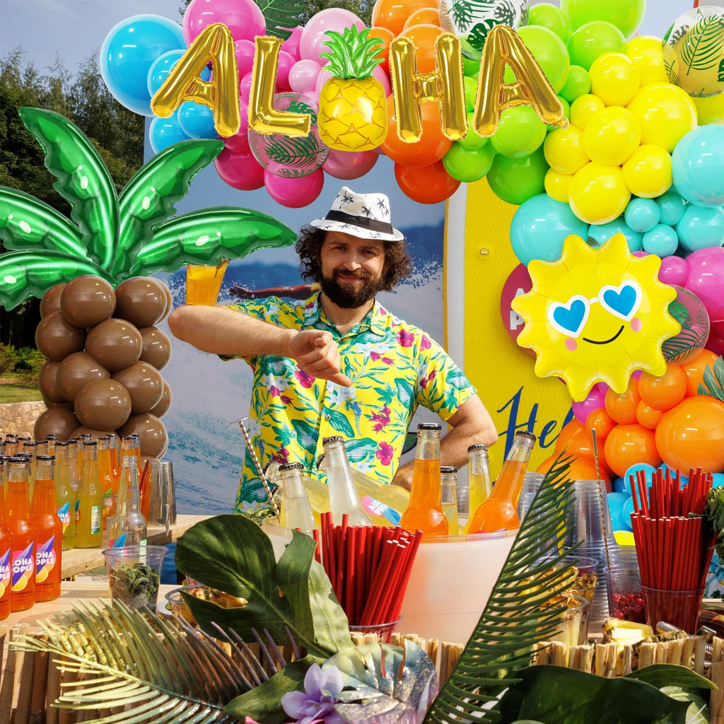 Amandir 160-Piece Hawaiian Luau Balloon Arch Kit with Aloha Foil Balloons, Pineapple, Palm Tree - Tropical Summer Party Decorations