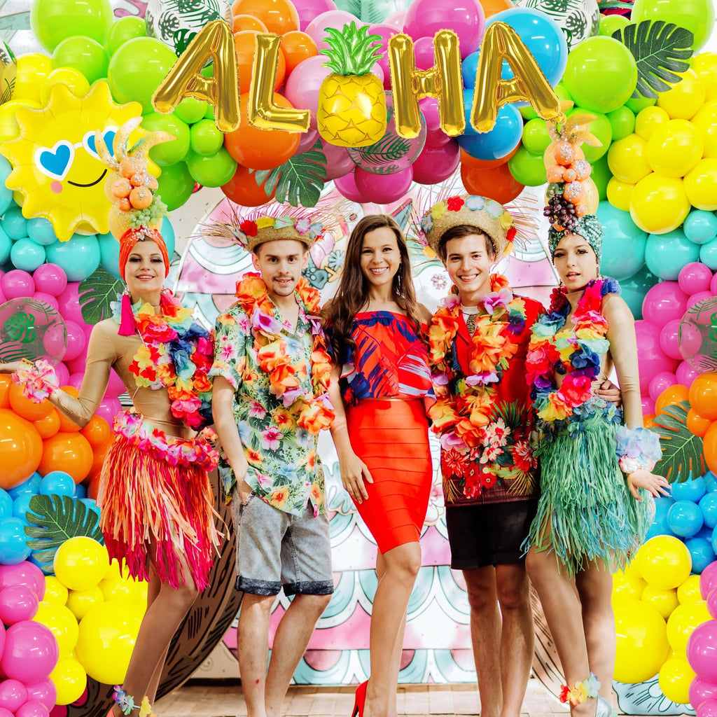 Amandir 160-Piece Hawaiian Luau Balloon Arch Kit with Aloha Foil Balloons, Pineapple, Palm Tree - Tropical Summer Party Decorations