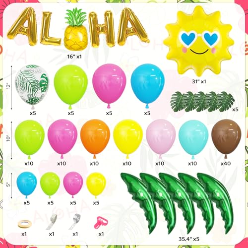 Amandir 160-Piece Hawaiian Luau Balloon Arch Kit with Aloha Foil Balloons, Pineapple, Palm Tree - Tropical Summer Party Decorations