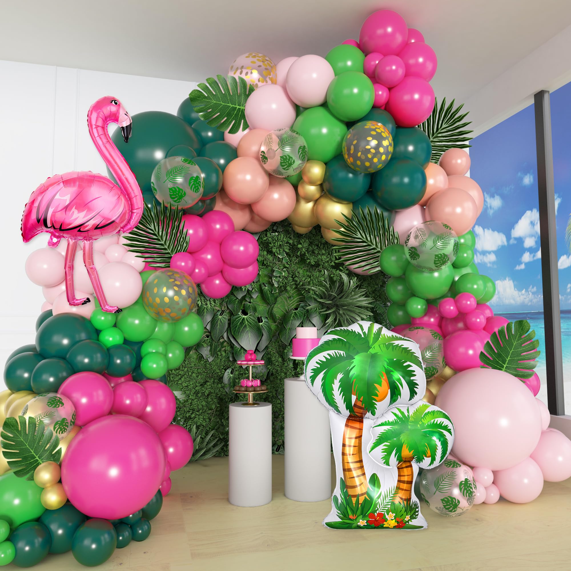 Amandir 165-Piece Flamingo Tropical Balloon Arch Kit – Hot Pink, Green, Gold Foil & Confetti Balloons with Palm Leaves for Hawaiian Luau Beach Party