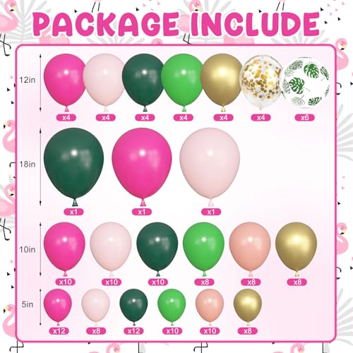 Amandir 165-Piece Flamingo Tropical Balloon Arch Kit – Hot Pink, Green, Gold Foil & Confetti Balloons with Palm Leaves for Hawaiian Luau Beach Party