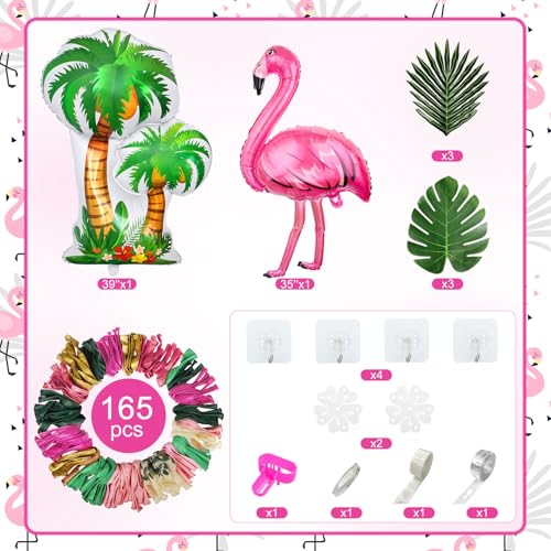 Amandir 165-Piece Flamingo Tropical Balloon Arch Kit – Hot Pink, Green, Gold Foil & Confetti Balloons with Palm Leaves for Hawaiian Luau Beach Party