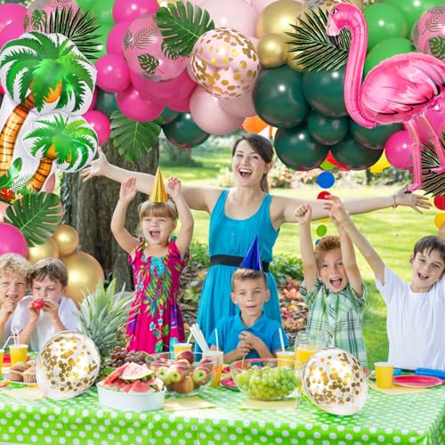Amandir 165-Piece Flamingo Tropical Balloon Arch Kit – Hot Pink, Green, Gold Foil & Confetti Balloons with Palm Leaves for Hawaiian Luau Beach Party