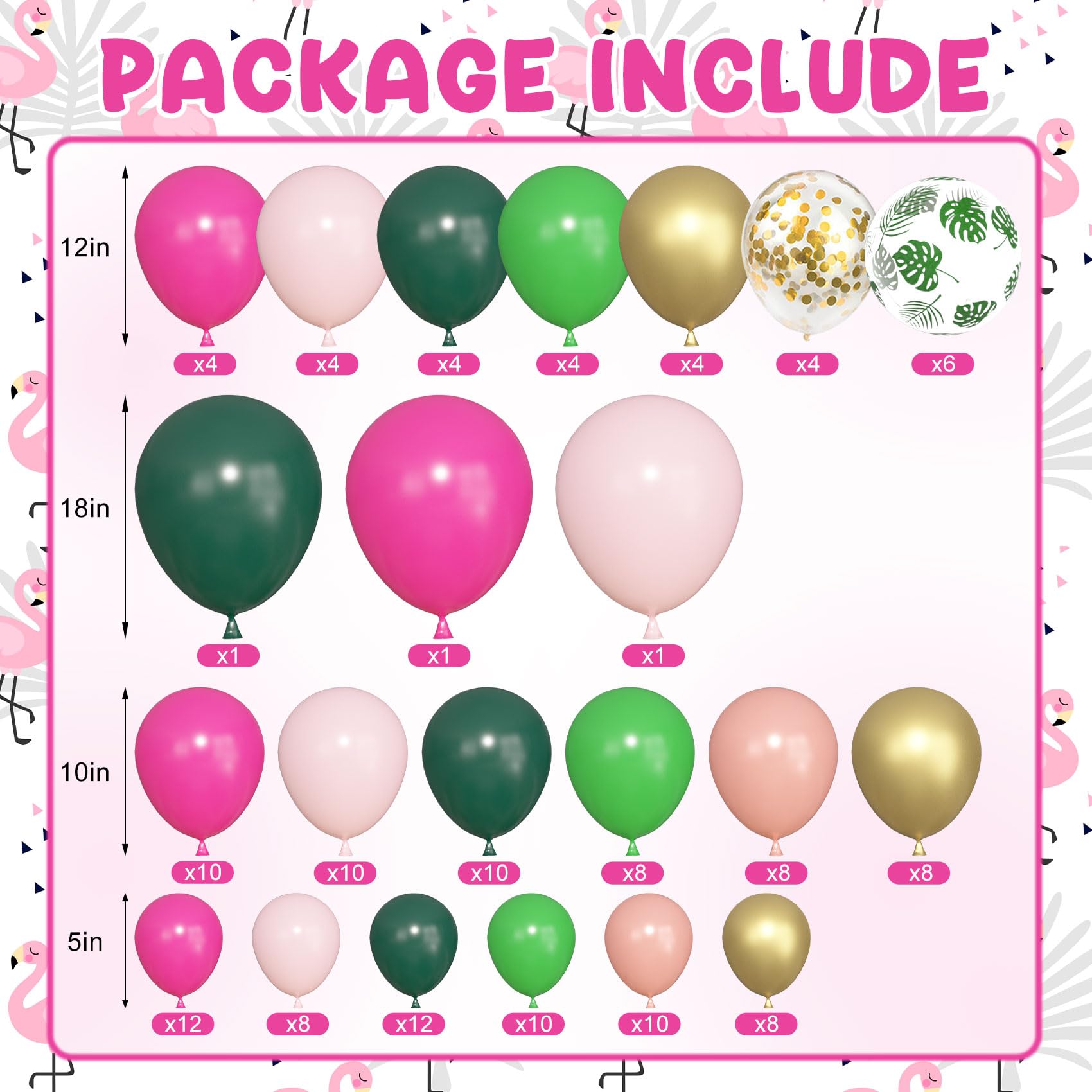 Amandir 165-Piece Flamingo Tropical Balloon Arch Kit – Hot Pink, Green, Gold Foil & Confetti Balloons with Palm Leaves for Hawaiian Luau Beach Party