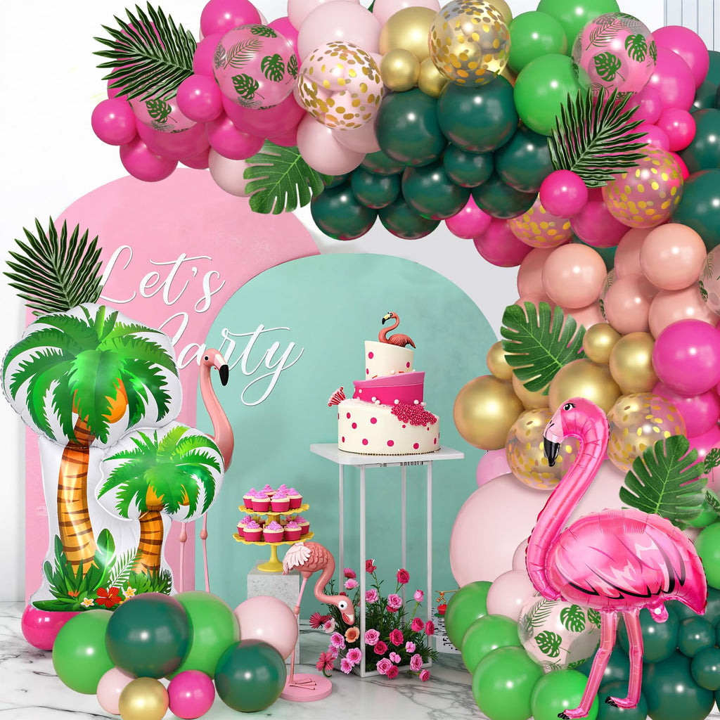 Amandir 165-Piece Flamingo Tropical Balloon Arch Kit – Hot Pink, Green, Gold Foil & Confetti Balloons with Palm Leaves for Hawaiian Luau Beach Party