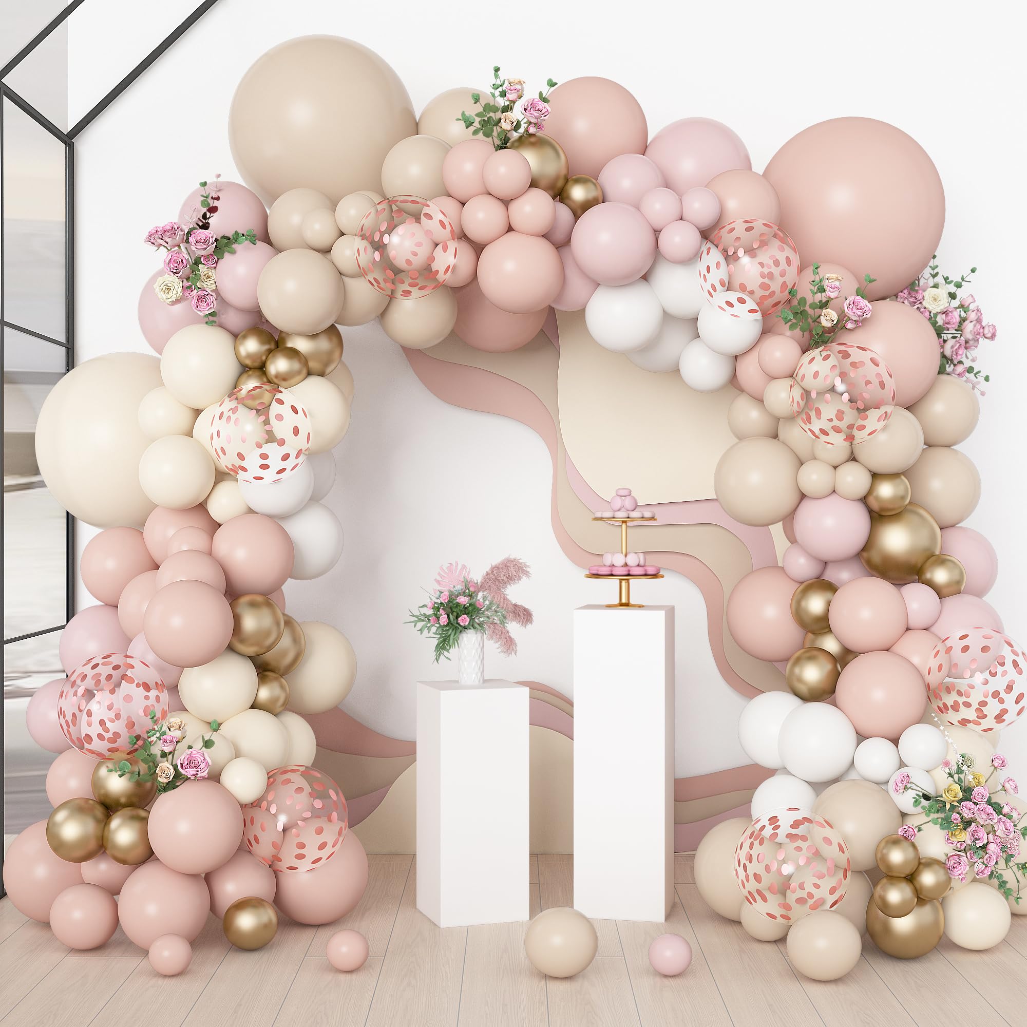 Amandir 173-Piece Boho Dusty Pink Balloon Arch Kit - Neutral Tones with Confetti and Metallic Gold for Baby Showers, Birthdays, and More