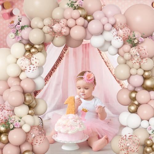 Amandir 173-Piece Boho Dusty Pink Balloon Arch Kit - Neutral Tones with Confetti and Metallic Gold for Baby Showers, Birthdays, and More