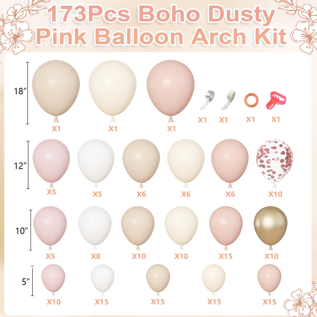 Amandir 173-Piece Boho Dusty Pink Balloon Arch Kit - Neutral Tones with Confetti and Metallic Gold for Baby Showers, Birthdays, and More